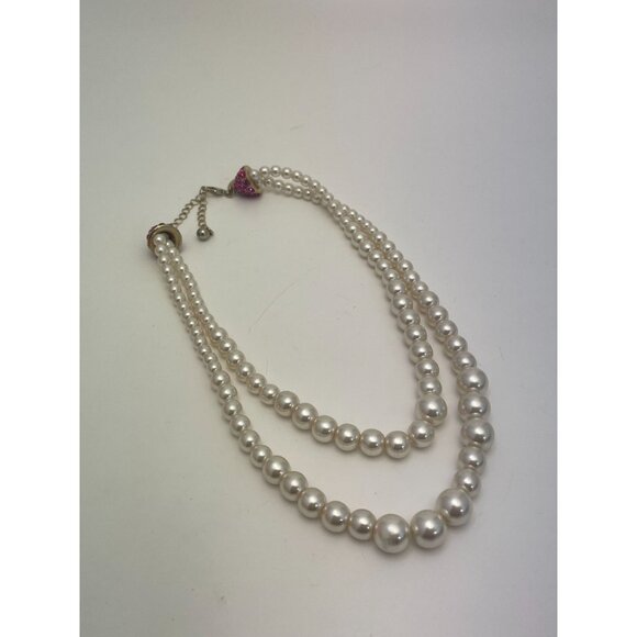Signed Scaasi Double Strand Faux Pearl Adjustable Necklace w/ Pink Rhinestones - Picture 2 of 4